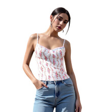 (M, White) Débardeurs fleuris pour femmes, été tendance, sans manches, bretelles spaghetti, col en V, coupe ajustée
