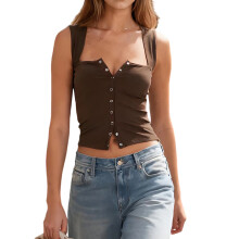 (L, Brown) Débardeurs unis femme, ajustés, col carré, boutonnés, sans manches, style streetwear décontracté été