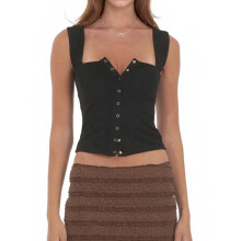 (M, Black) Débardeurs unis femme, ajustés, col carré, boutonnés, sans manches, style streetwear décontracté été