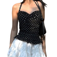 (XL, Black) Vestă de vară pentru femei, cu guler halter, fără mâneci, spate deschis, imprimeu cu puncte, tiv cu volane