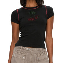 (L, Black) T-shirt court d'été pour femme, orné de strass et de cerises, manches courtes et col rond.