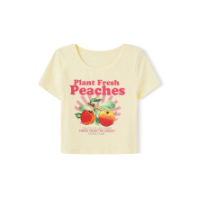 (S, Light Yellow) T-shirt court d'été pour femme, coupe ajustée décontractée, imprimé pêche, col rond, manches courtes