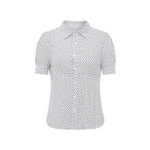 (L, White) Damesblouses met knoopsluiting, korte mouwen, V-hals, stippenprint, slim fit, zomerblouses