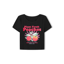 (S, Black) T-shirt court d'été pour femme, coupe ajustée décontractée, imprimé pêche, col rond, manches courtes