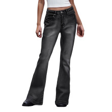 (S, Black) Pantalon en jean évasé pour femme, coupe tendance, couleur unie, taille basse, avec poches.