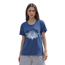 (S, Navy Blue) T-shirt d'été pour femme, coupe ample et décontractée, imprimé lotus élégant, col rond, manches courtes