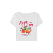 (S, White) T-shirt court d'été pour femme, coupe ajustée décontractée, imprimé pêche, col rond, manches courtes