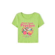 (S, Green) T-shirt court d'été pour femme, coupe ajustée décontractée, imprimé pêche, col rond, manches courtes