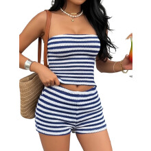 (S, Blue) Ensemble rayé femme : top court à épaules dénudées et mini-short, parfait pour une soirée ou en club.