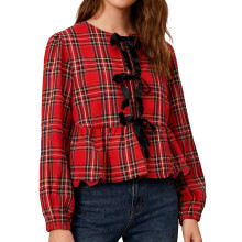 (M, Red) Chemisier à carreaux d'automne pour femme, léger, manches longues, col rond, ample, noué devant, idéal quotidien.