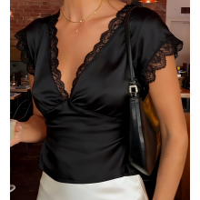(XL, black) Chemisier d'été en satin pour femme, dentelle, décolleté V, manches courtes, parfait pour les soirées.