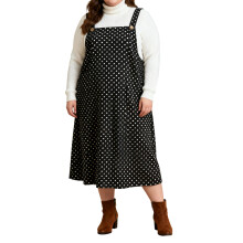 (XL, Black) Robe salopette grande taille à pois, bretelles, longueur midi, idéale pour le bureau ou les fêtes.