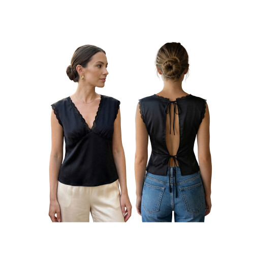 (XL, black) Γυναικεία καλοκαιρινή σατέν κοντό μανίκι 2