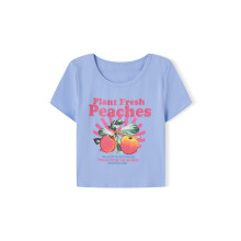 (L, Light Blue) T-shirt court d'été pour femme, coupe ajustée décontractée, imprimé pêche, col rond, manches courtes