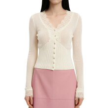 (L, White) Blusa de encaje de otoño para mujer, ligera, manga larga, ajustada, con cuello en V y botones.