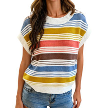 (L, Ginger Yellow) Débardeur sans manches à rayures colorées pour femme, en maille ample, col rond, idéal pour l'automne.