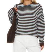 (S, Brown) Pulls en maille à col revers pour femmes, manches longues, col rond, imprimé rayé, coupe ample