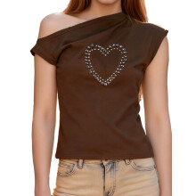 (M, Dark Brown) Hauts à épaules dénudées femme, imprimé cœur, manches courtes, col bateau, style streetwear été