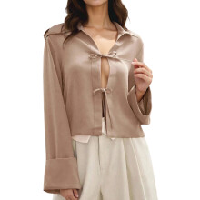 (S, Khaki) Gilet cardigan femme noué devant, décontracté, élégant, col V, manches longues, idéal printemps/été