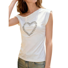 (L, White) Hauts à épaules dénudées femme, imprimé cœur, manches courtes, col bateau, style streetwear été