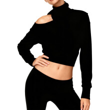 (M, Black) Pulover scurt cu umeri goi și mânecă lungă, croială slim fit pentru femei, toamnă