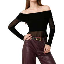 (M, Black) Haut court femme épaules dénudées, manches longues, blouse ajustée unie, idéale pour un look décontracté.