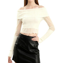 (S, Champagne) Haut court femme épaules dénudées, manches longues, blouse ajustée unie, idéale pour un look décontracté.