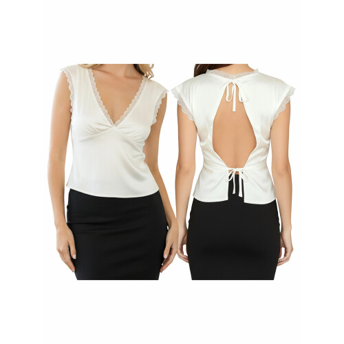 (XL, White) Γυναικεία καλοκαιρινή σατέν κοντό μανίκι 1