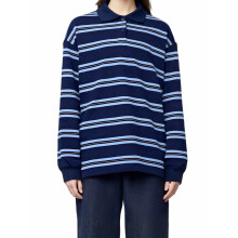(S, Blue) T-shirts de rugby pour femmes, manches longues, col en V, imprimé rayé, coupe ample, blouses printemps-automne