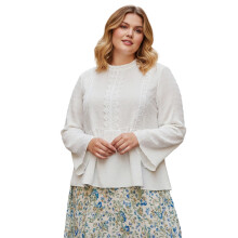 (XXL, White) Tricou elegant cu mânecă lungă, guler rotund, puncte, patchwork, doamnelor, toamnă, topuri, streetwear