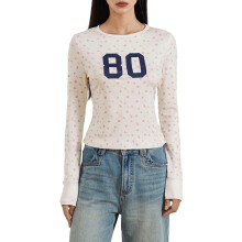 (S, Milky) T-shirts à manches longues pour femmes, col rond, imprimé floral et chiffres, coupe ajustée, style automne-hiver