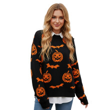(M, Black) Pull en maille pour femme, manches longues, col rond, imprimé chauve-souris et citrouille, idéal pour Halloween