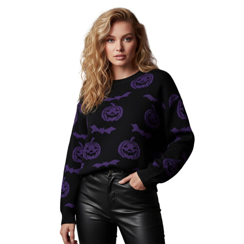 (XL, Purple) Γυναικείο πλεκτό πουλόβερ και κολοκύθα.