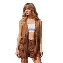 (XXL, Brown) Chaqueta vaquera vintage sin mangas con borlas y remaches para mujer, ideal para citas y fotografía.
