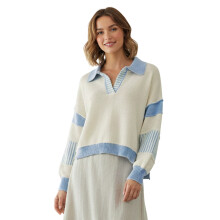 (L, Ivory) Pull en maille automne-hiver pour femme, manches longues, col à revers, haut en maille bicolore