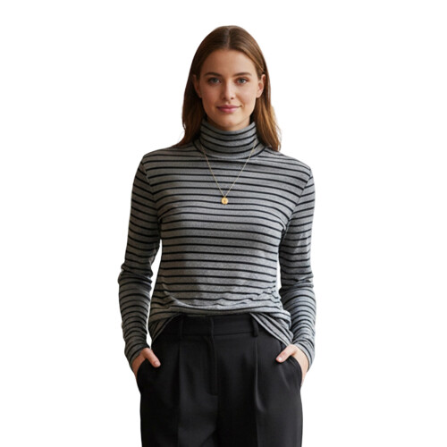(M, Gray) Hauts pour femmes automne manches longues col roulé coupe ajustée pull rayé pull en maille