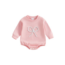 (1-3 Months, Pink) Tutina da bambina con felpa, fiocco ricamato, maniche lunghe e scollo rotondo, adorabile tuta autunnale.