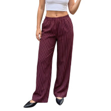 (M, Red) Dames gestreepte baggy broek met elastische taille en wijde pijpen, casual met zakken, voor zomer, lente en herfst.