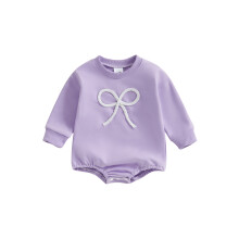 (1-3 Months, Purple) Tutina da bambina con felpa, fiocco ricamato, maniche lunghe e scollo rotondo, adorabile tuta autunnale.