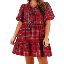 (XXXL, Burgundy) Robe d'été grande taille pour femme, manches courtes, col rabattu, nœud sur le devant, à carreaux