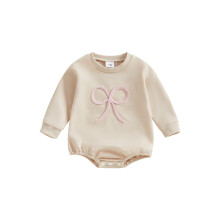 (12-18 Months, Apricot) Tutina da bambina con felpa, fiocco ricamato, maniche lunghe e scollo rotondo, adorabile tuta autunnale.