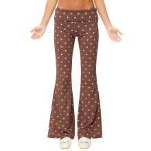 (S, Chocolate) Trendy flared broek voor dames met stippenprint, omgeslagen tailleband en wijde pijpen.