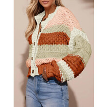 (M, Light Brown) Gilet cardigan en maille pour femme, automne-hiver, style contrasté, col rond, manches longues, fermeture boutonnée