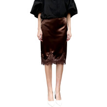 (S, Dark Brown) Jupe midi en satin uni à bordure en dentelle pour femme, élégante et décontractée, idéale pour les fêtes.