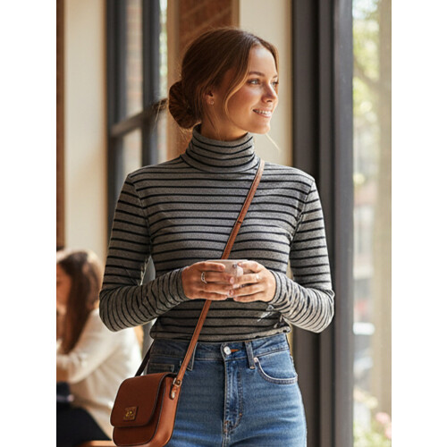 (M, Gray) Hauts pour femmes automne manches longues col roulé coupe ajustée pull rayé pull en maille 2