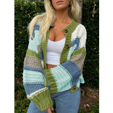 (M, Emerald) Gilet cardigan en maille pour femme, automne-hiver, style contrasté, col rond, manches longues, fermeture boutonnée