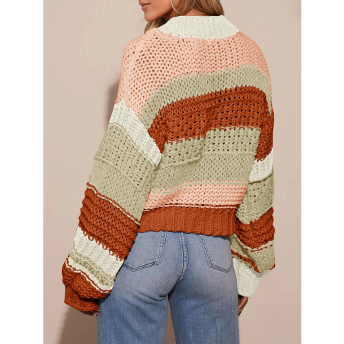 (XL, Light Brown) Γυναικείο Πλεκτό Ζακέτα Λαιμόκοψη, Μακρυμάνικο