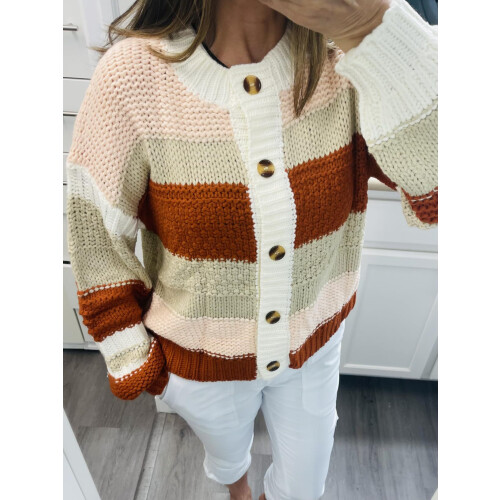 (S, Light Brown) Γυναικείο Πλεκτό Ζακέτα Λαιμόκοψη, Μακρυμάνικο