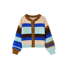 (XL, Blue) Gilet cardigan en maille pour femme, automne-hiver, style contrasté, col rond, manches longues, fermeture boutonnée