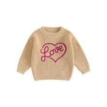 (2-3 Years, Khaki) Baby Girl Boy Fall Sweater Long Sleeve O-Neck Letter Hearts Embroidery Soft Cozy Fashion Tops